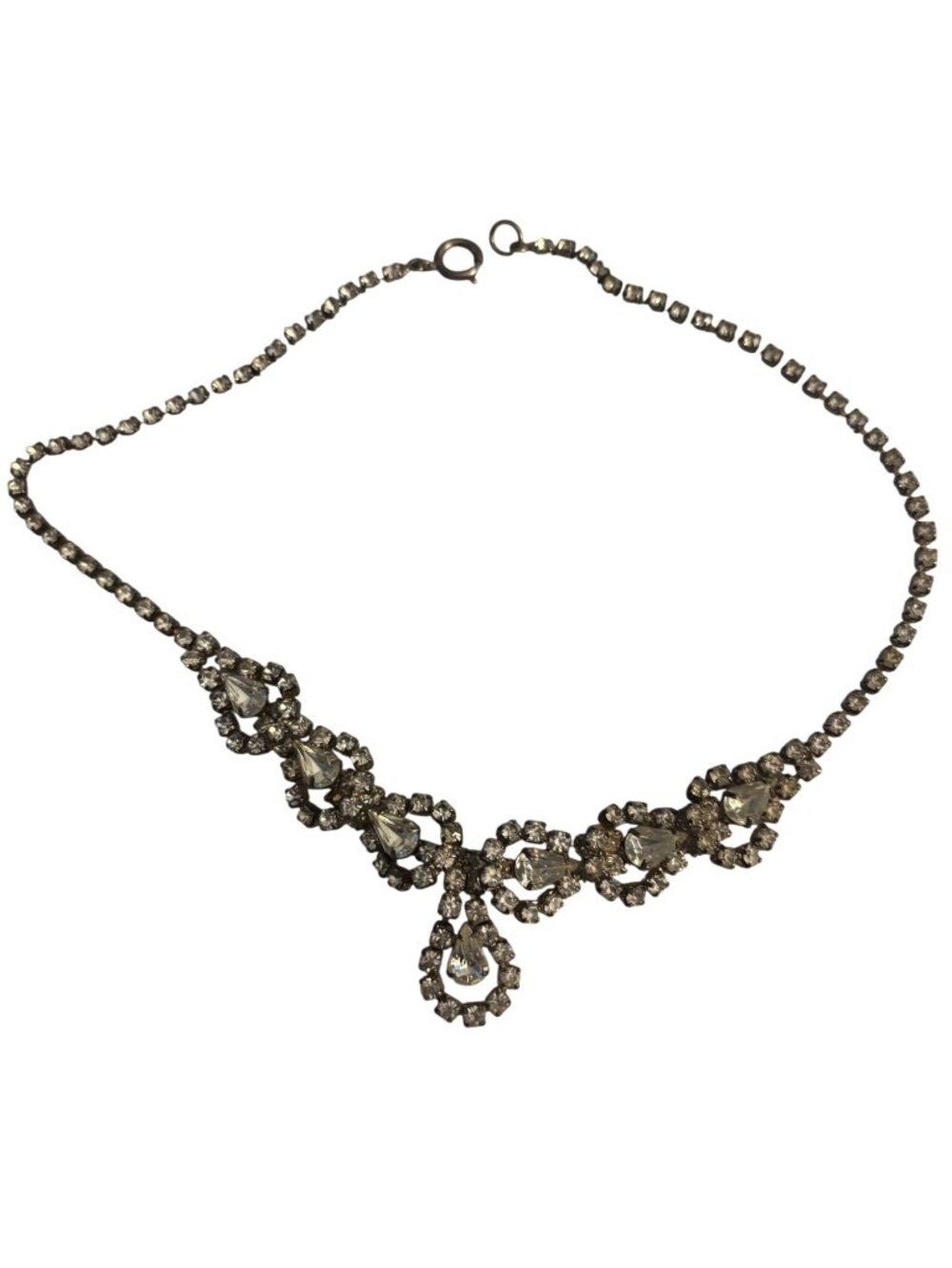 Vintage Rhinestone Choker Necklace With Teardrop Accent & Silver-Tone Setting